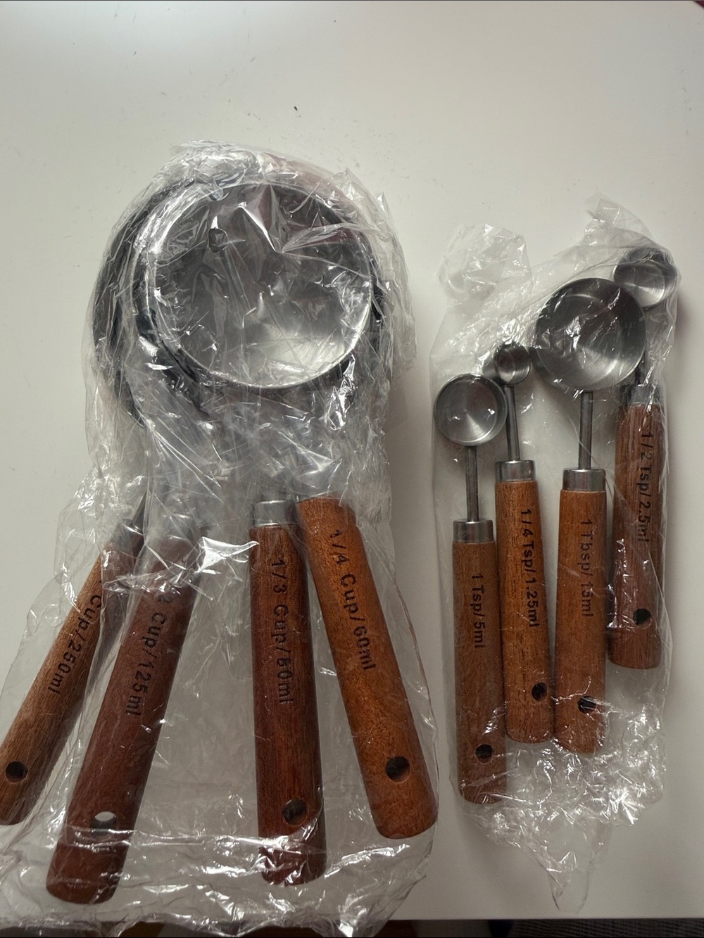 Wood-Handle Stainless Steel Measuring Cups & Spoons Set - Brown